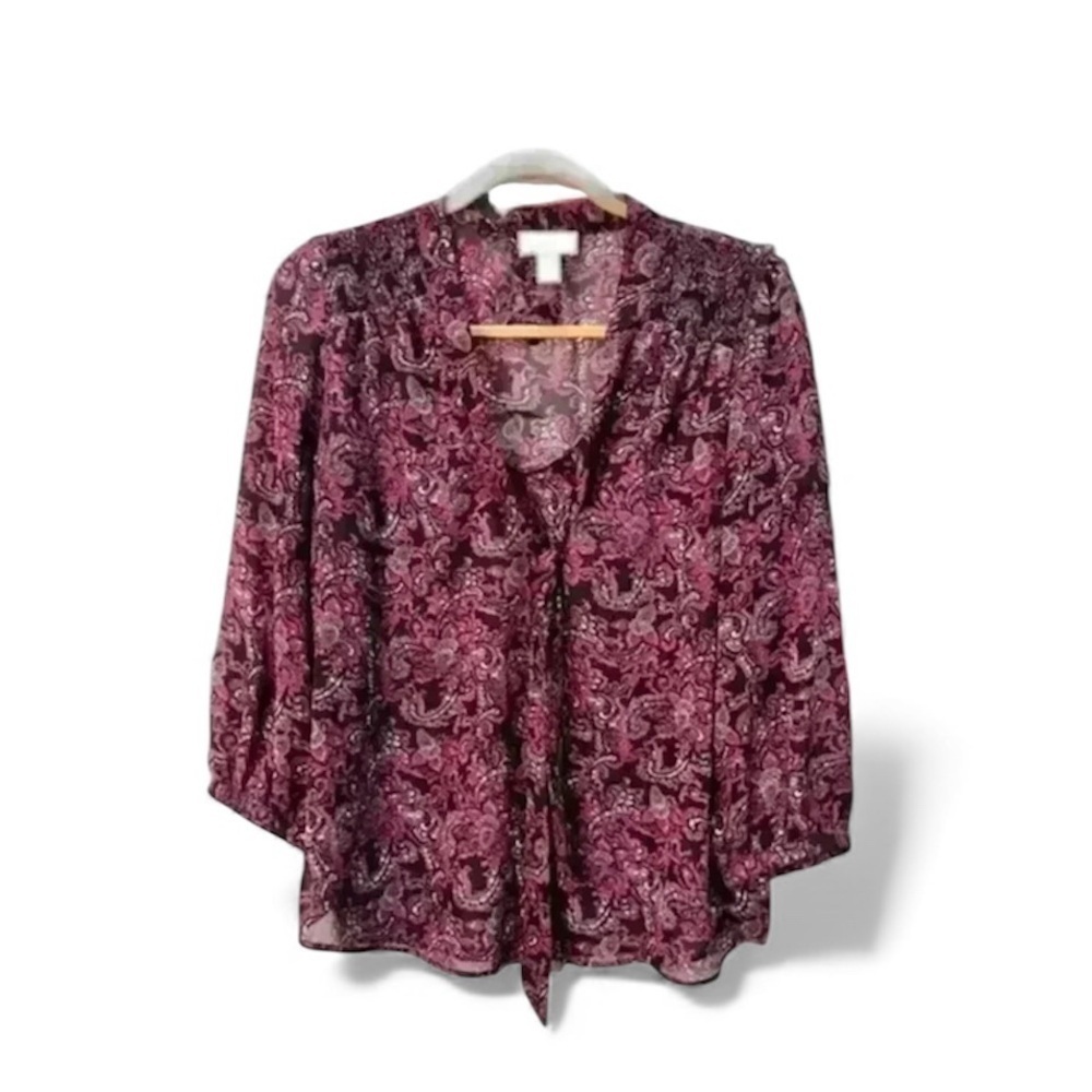 Ann Taylor Loft Sheer Work‎ Blouse w/ Tie Closure Black/Purple/Grey Women's Sm